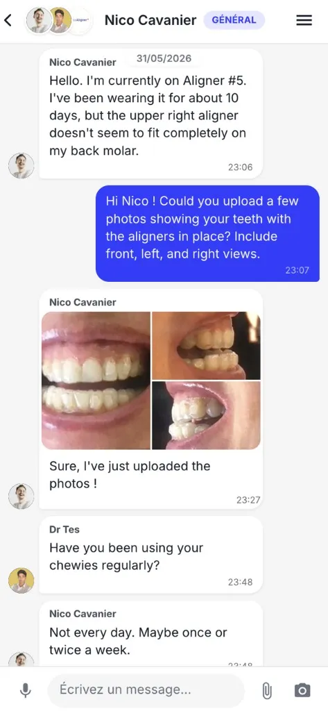 Real-time patient and dentist chat thread with uploaded aligner photos