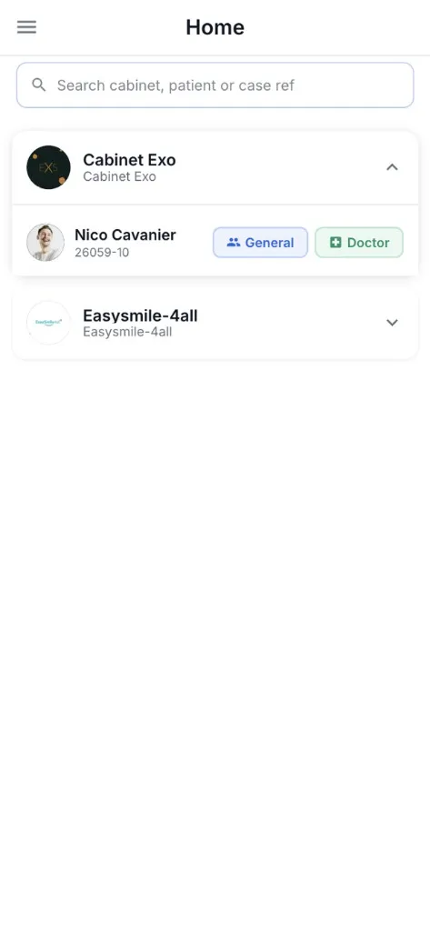 Home screen listing cabinets, patients, and case references