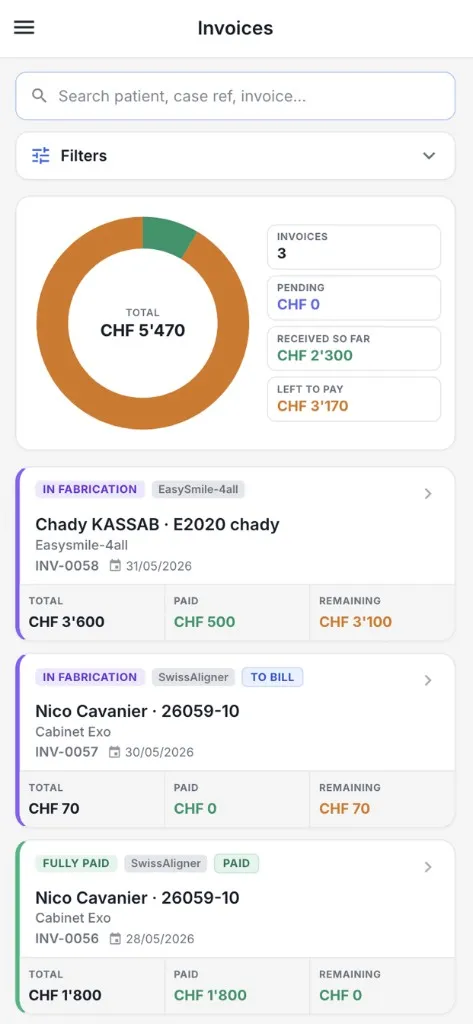 Invoices screen showing paid, pending, and remaining balances