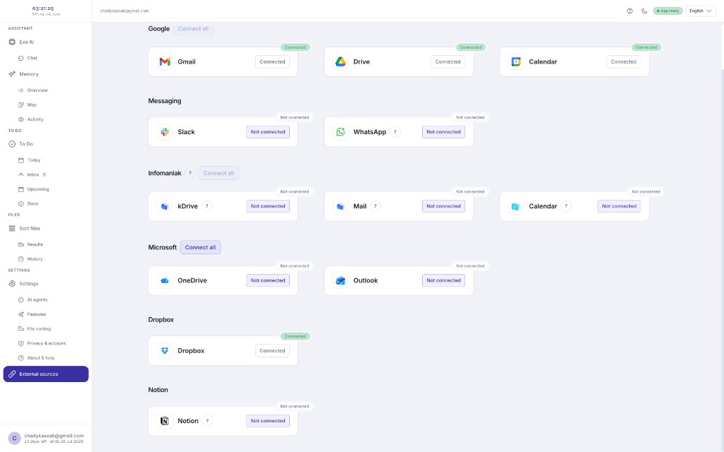 Exo external sources — connect Gmail, Drive, Slack, Microsoft, Dropbox, and more